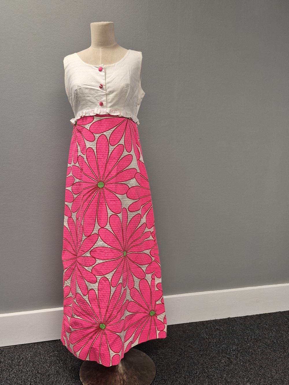 VTG 60s Pikake Fashions Hawaii Maxi Dress Pink Floral Barkcloth Mod Boho Small